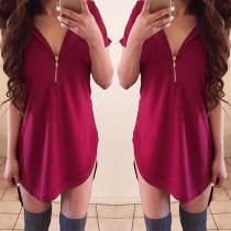 Fashion Solid Color Short Sleeve V-neck High-low Hem Dress