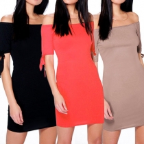 Sexy Slash Neck Short Sleeve Solid Color Sheath Dress