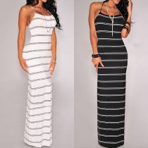 Sexy Backless Striped Sling Maxi Dress
