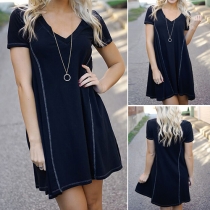 Fashion Solid Color Short Sleeve V-neck Loose Dress