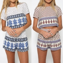 Fashion Short Sleeve Round Neck Tops + High Waist Shorts Printed Two-piece Set