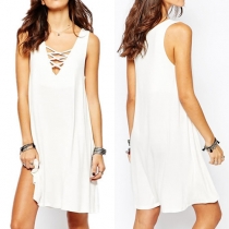 Sexy Deep V-neck Sleeveless Solid Color Loose Dress
