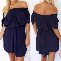 Sexy Off-shoulder Slash Neck Gathered Waist Solid Color Dress