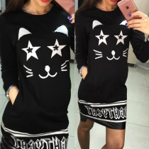 Fashion Long Sleeve Round Neck Slim Fit Printed Dress