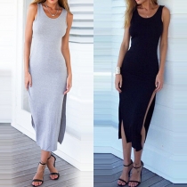 Sexy Backless Slit Hem Sleeveless Solid Color Dress