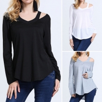 Sexy Off-shoulder Long Sleeve V-neck Loose T-shirt