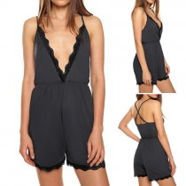 Sexy Backless Deep V-neck Lace Spliced Sling Rompers