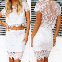 Sexy Short Sleeve Crop Tops + High Waist Bust Skirt Lace Two-piece Set