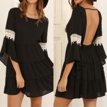 Sexy Backless Lace Spliced Lotus Sleeve Chiffon Dress