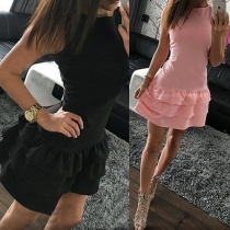 Fashion Solid Color Sleeveless Round Neck Flouncing Hem Dress