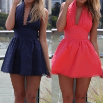 Sexy Bowknot Backless Deep V-neck Solid Color Dress