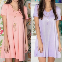 Fashion Solid Color Short Sleeve V-neck T-shirt Dress