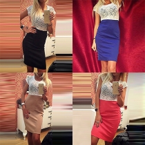 Fashion Lace Spliced Short Sleeve Round Neck Slim Fit Dress