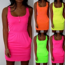Fashion Solid Color Sleeveless Round Neck Gathered Waist Dress