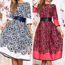 Retro Style 3/4 Sleeve Round Neck Printed Dress