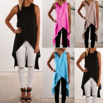 Fashion Solid Color Sleeveless Round Neck Irregular Hem Tops 