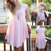 Fashion Solid Color Short Sleeve V-neck Irregular Hem Dress