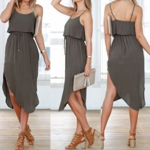 Sexy Backless Irregular Hem Gathered Waist Sling Dress