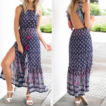 Sexy Backless Slit Hem Printed Chiffon Maxi Dress