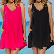Fashion Sleeveless V-neck Solid Color Loose Chiffon Dress
