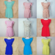 Fashion Solid Color Lotus Sleeve Round Neck Gathered Waist Dress