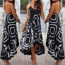 Sexy Backless Deep V-neck Irregular Hem Printed Sling Maxi Dress