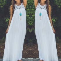 Fashion Hollow Out Lace Spliced Sleeveless Round Neck Chiffon Maxi Dress