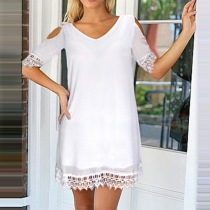 Sexy Off-shoulder V-neck Lace Spliced Short Sleeve Dress