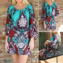 Bohemian Style 3/4 Sleeve Round Neck Printed Dress