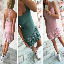 Sexy Backless U-neck Lace Spliced Flouncing Hem Dress