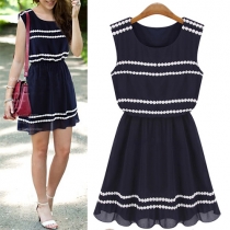 Fashion Sleeveless Round Neck Lace Spliced Gathered Waist Dress
