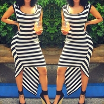 Fashion Sleeveless Round Neck Irregular Hem Striped Dress