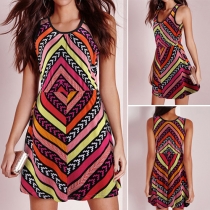 Fashion Sleeveless Round Neck High Waist Printed Dress