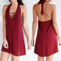 Sexy Backless Lace-up Deep V-neck Halter Dress