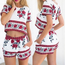 Fashion Short Sleeve Crop Tops + High Waist Shorts Printed Two-piece Set