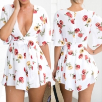 Sexy Deep V-neck High Waist Printed Rompers