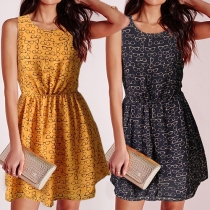 Sexy Backless Sleeveless Round Neck Gathered Waist Printed Dress