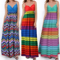 Sexy Backless V-neck High Waist Striped Hem Sling Maxi Dress