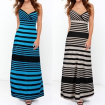 Sexy Backless V-neck Slit Hem High Waist Striped Sling Maxi Dress