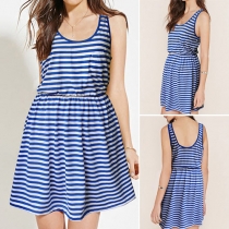 Navy Style Sleeveless Round Neck Gathered Waist Striped Dress