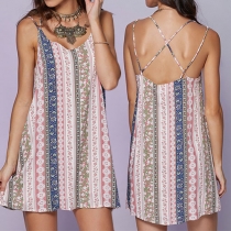 Sexy Backless V-neck Printed Sling Dress