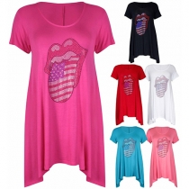 Fashion Short Sleeve Round Neck Irregular Hem Rhinestone Printed T-shirt