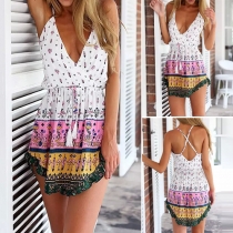 Sexy Backless Deep V-neck Irregular Hem Printed Sling Dress