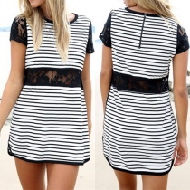 Fashion Lace Spliced Short Sleeve Round Neck Striped Dress