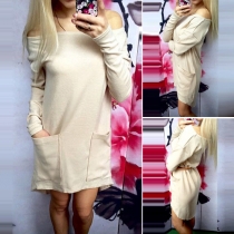 Sexy Slash Neck Long Sleeve Solid Color Slim Fit Dress