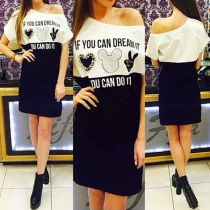 Sexy Off-shoulder Short Sleeve Contrast Color Printed Dress