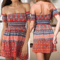 Sexy Off-shoulder Slash Neck Short Sleeve Printed Dress