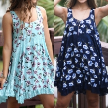 Sweet Style Sleeveless Round Neck Lace Spliced Printed Dress