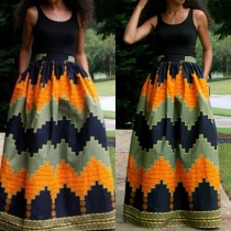 Fashion Sleeveless Round Neck High Waist Printed Maxi Dress