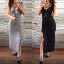 Sexy Lace-up Deep V-neck Slit Hem Solid Color Maxi Dress